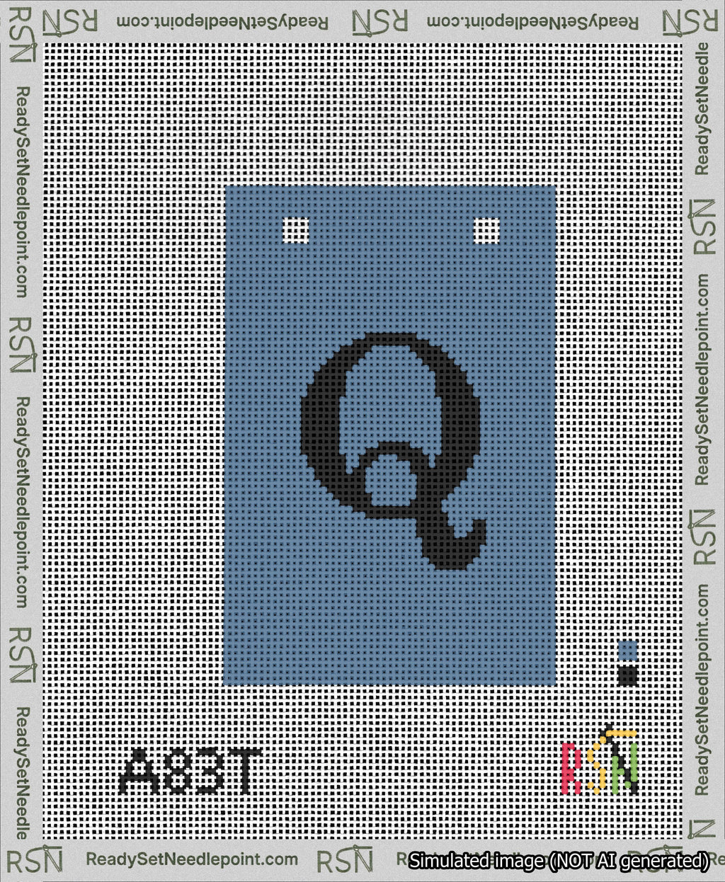 A taped needlepoint canvas with the design: Banner 13 mesh count Squared Q Black on Blue.