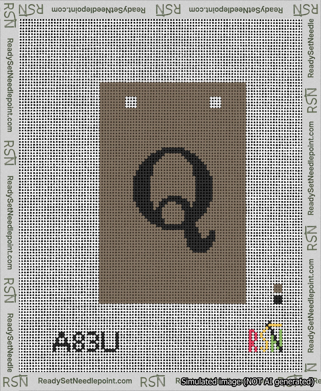 A taped needlepoint canvas with the design: Banner 13 mesh count Squared Q Black on Brown.