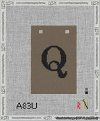 A taped needlepoint canvas with the design: Banner 13 mesh count Squared Q Black on Brown.