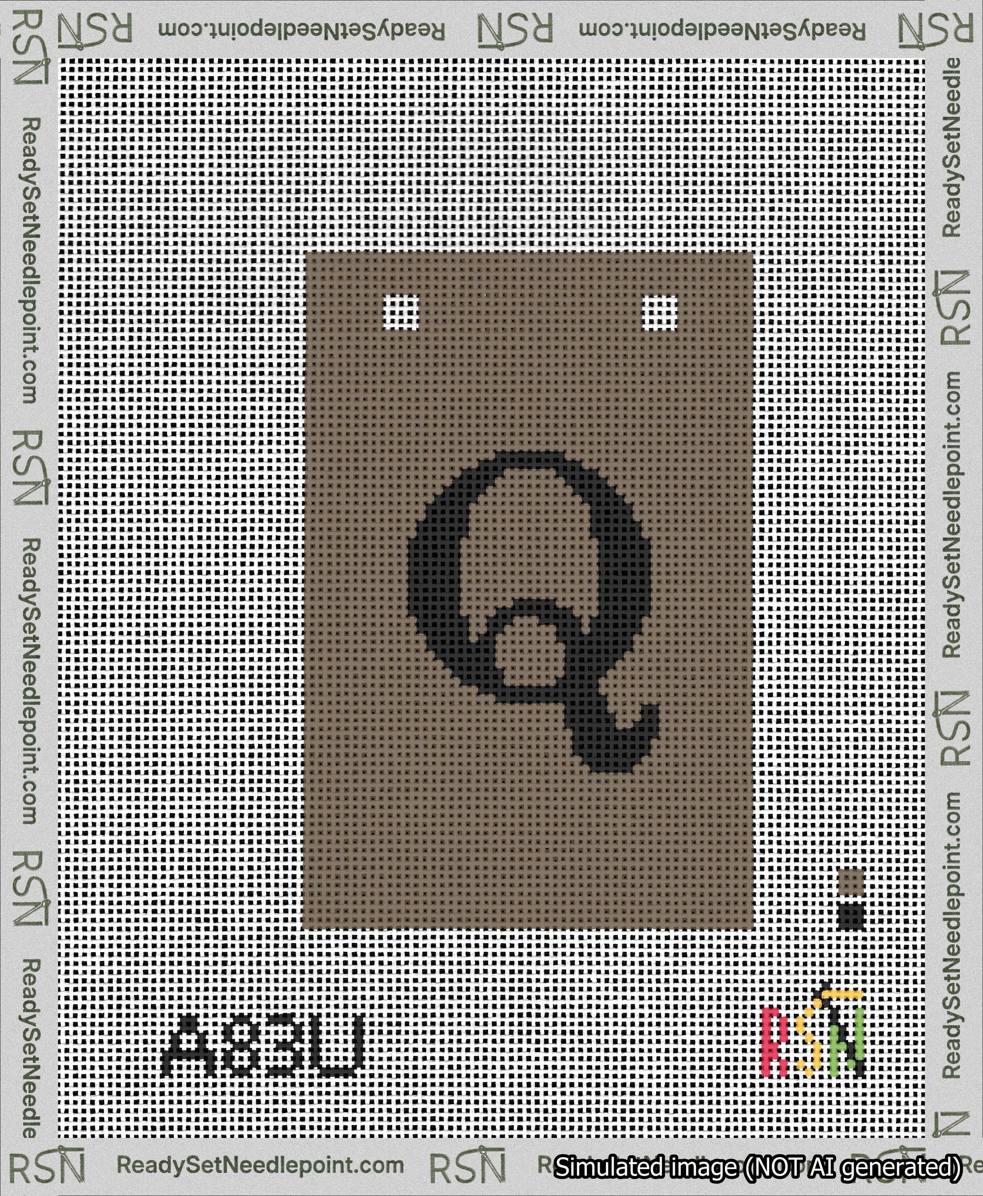 A taped needlepoint canvas with the design: Banner 13 mesh count Squared Q Black on Brown.