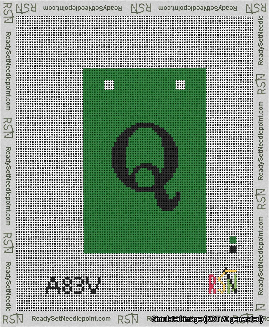 A taped needlepoint canvas with the design: Banner 13 mesh count Squared Q Black on Green.