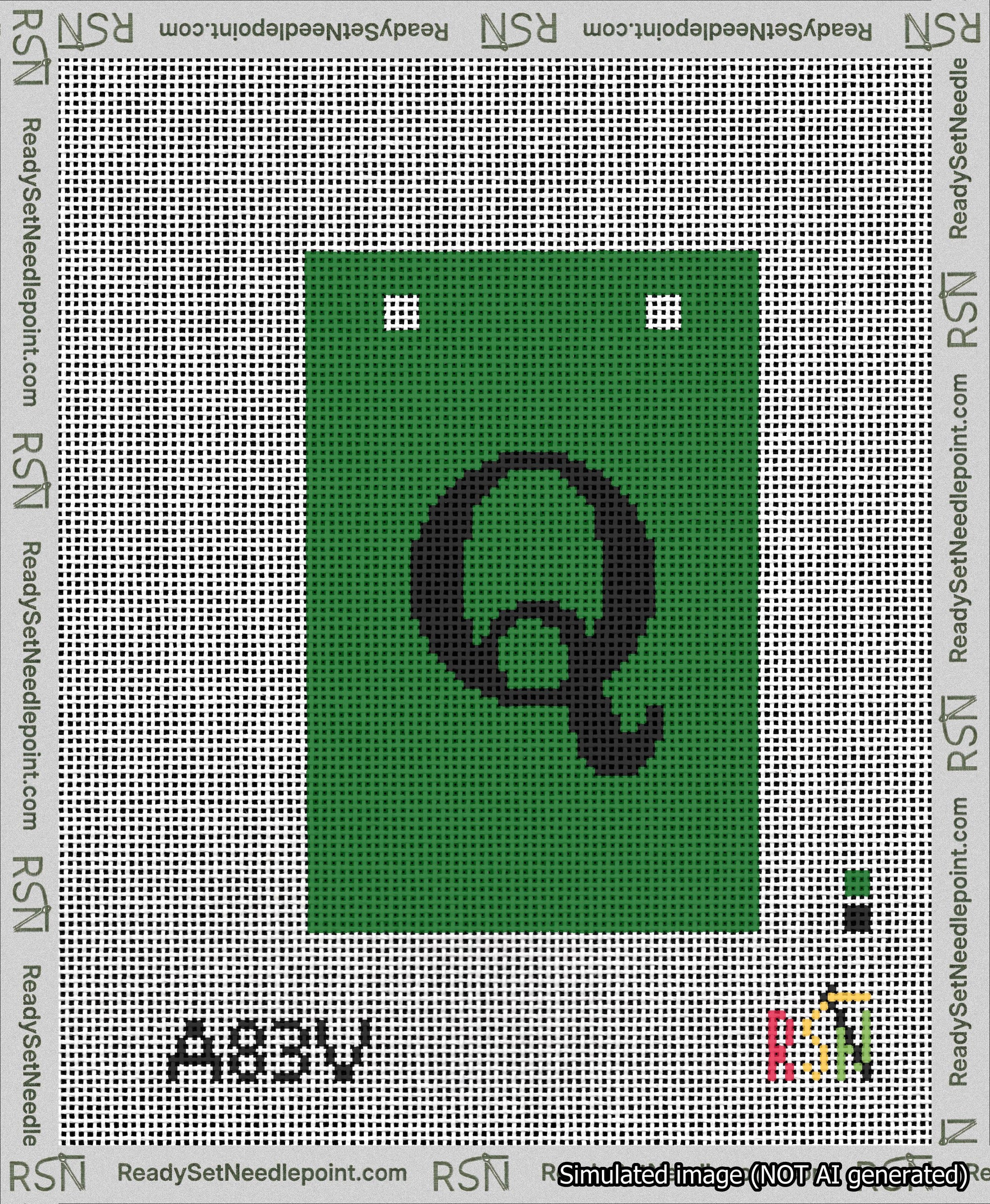A taped needlepoint canvas with the design: Banner 13 mesh count Squared Q Black on Green.