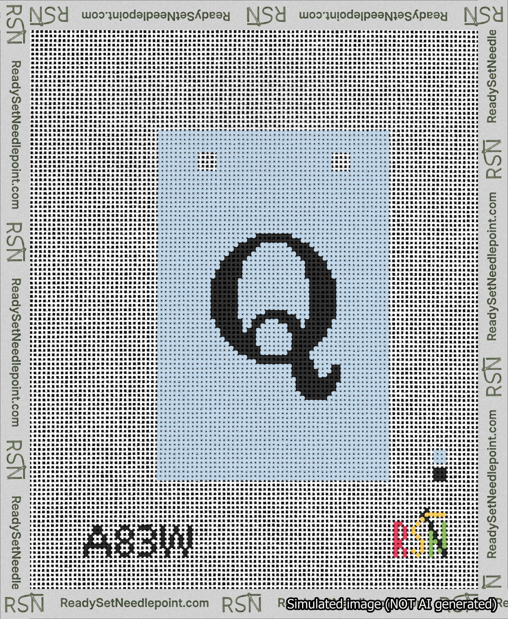 A taped needlepoint canvas with the design: Banner 13 mesh count Squared Q Black on Light Blue.