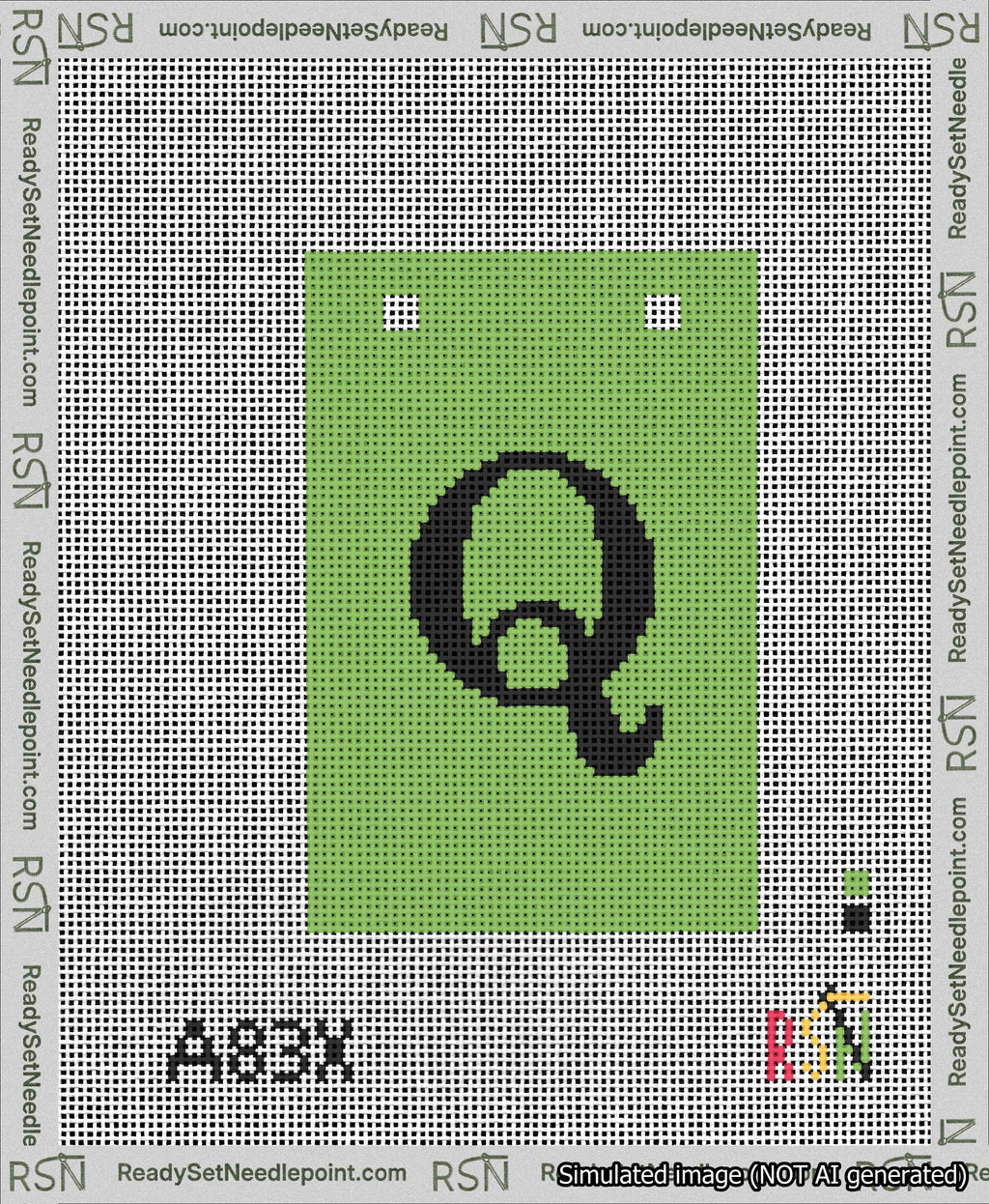 A taped needlepoint canvas with the design: Banner 13 mesh count Squared Q Black on Light Green.
