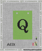 A taped needlepoint canvas with the design: Banner 13 mesh count Squared Q Black on Light Green.
