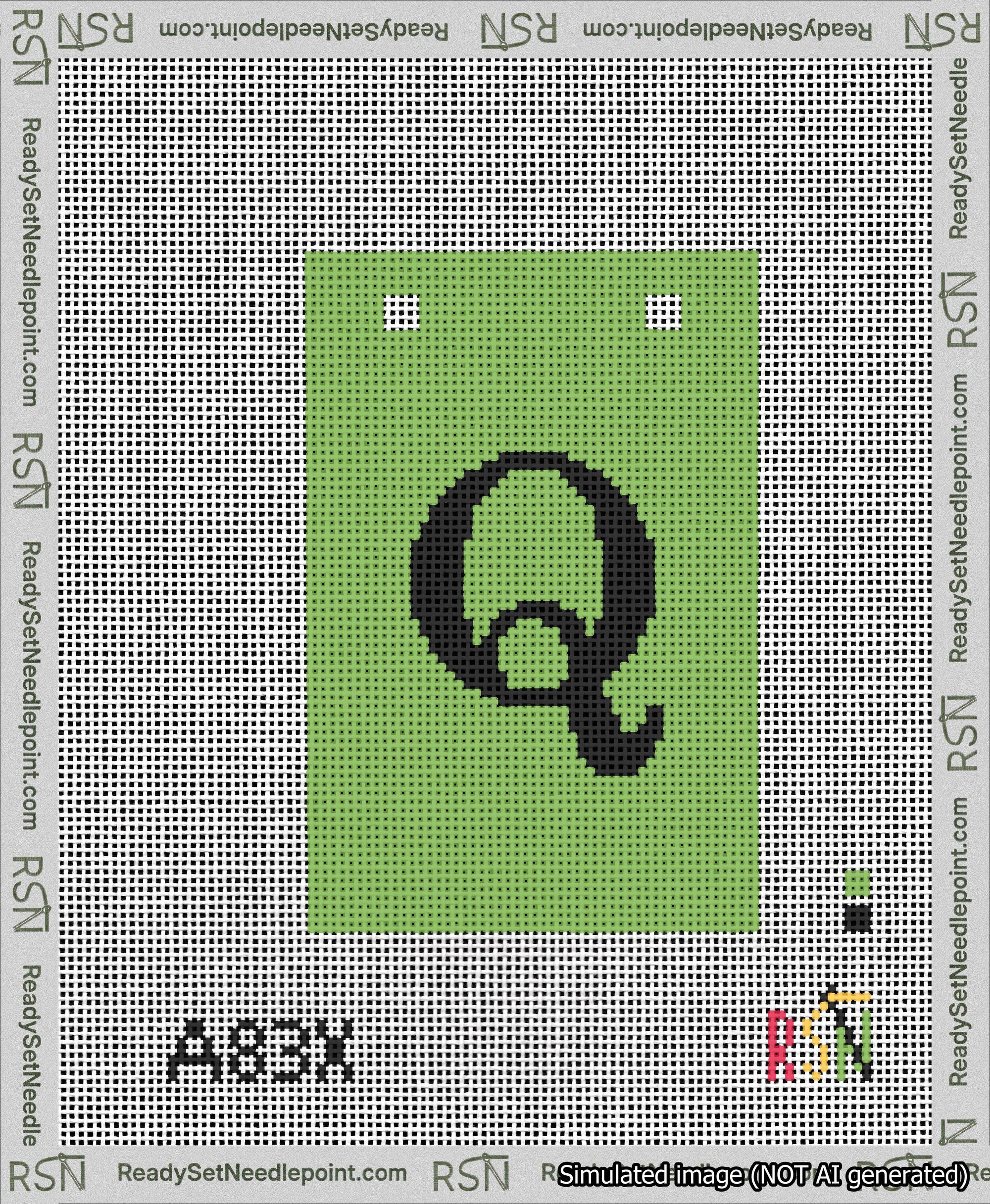 A taped needlepoint canvas with the design: Banner 13 mesh count Squared Q Black on Light Green.