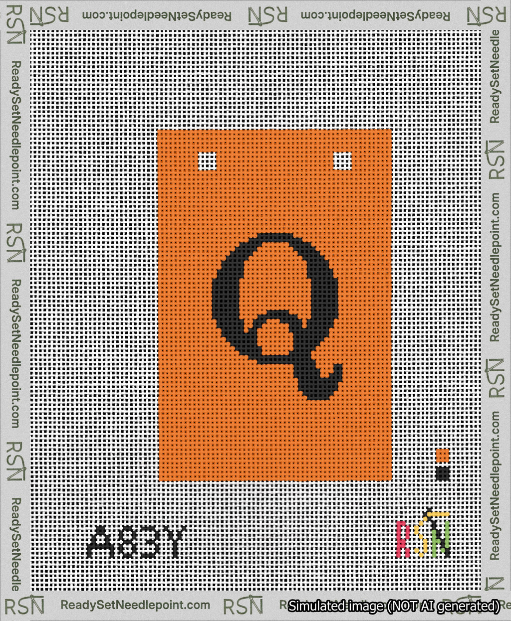 A taped needlepoint canvas with the design: Banner 13 mesh count Squared Q Black on Orange.