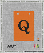 A taped needlepoint canvas with the design: Banner 13 mesh count Squared Q Black on Orange.