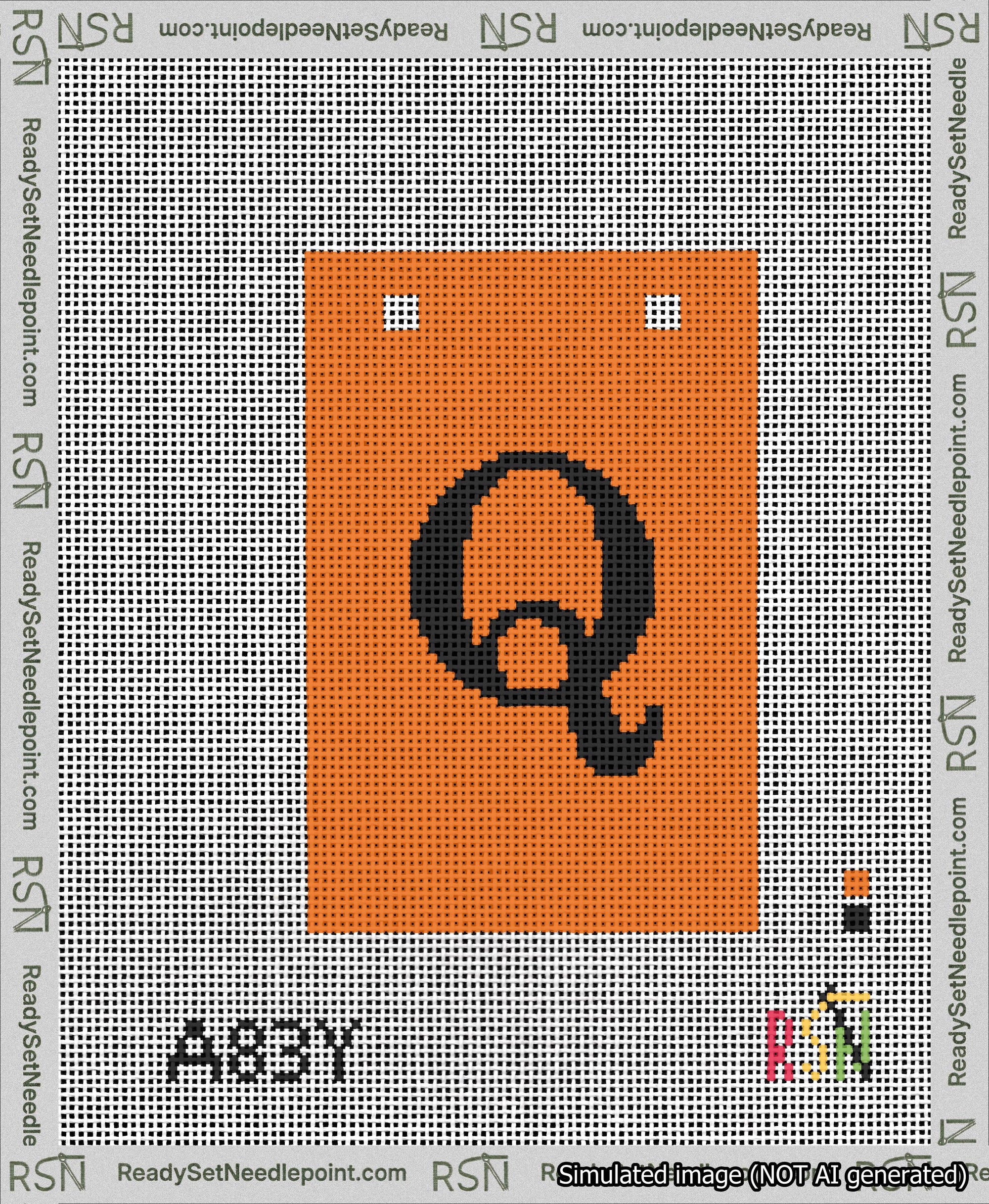 A taped needlepoint canvas with the design: Banner 13 mesh count Squared Q Black on Orange.
