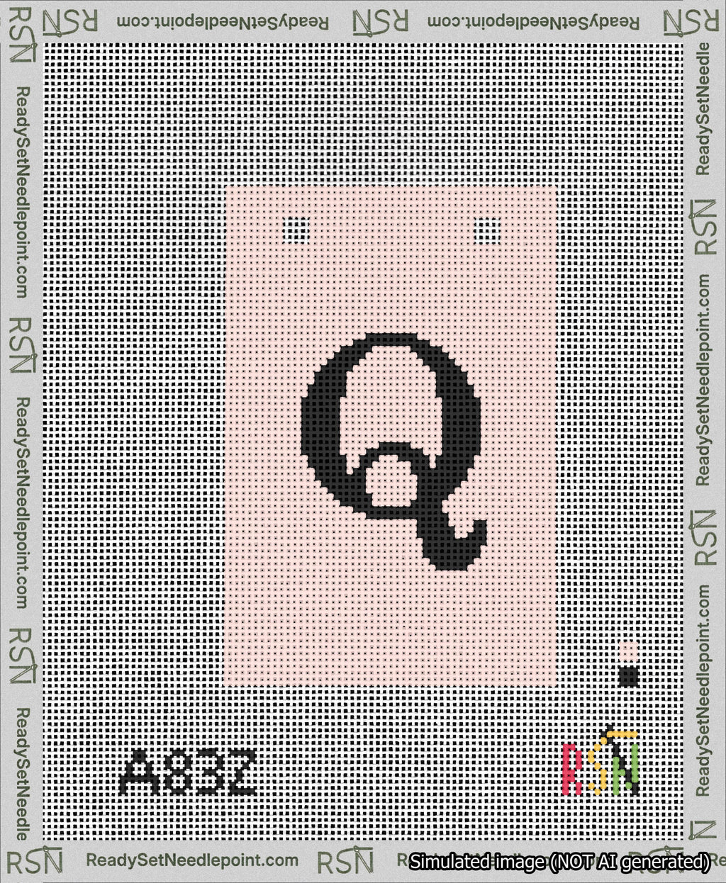 A taped needlepoint canvas with the design: Banner 13 mesh count Squared Q Black on Pink.