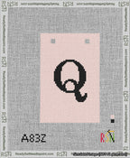 A taped needlepoint canvas with the design: Banner 13 mesh count Squared Q Black on Pink.