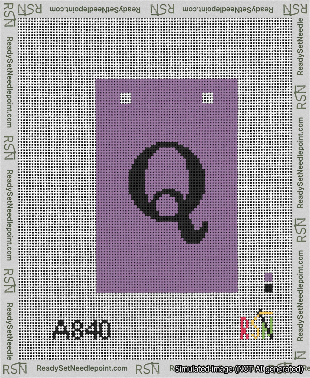 A taped needlepoint canvas with the design: Banner 13 mesh count Squared Q Black on Purple.