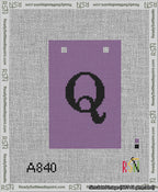 A taped needlepoint canvas with the design: Banner 13 mesh count Squared Q Black on Purple.