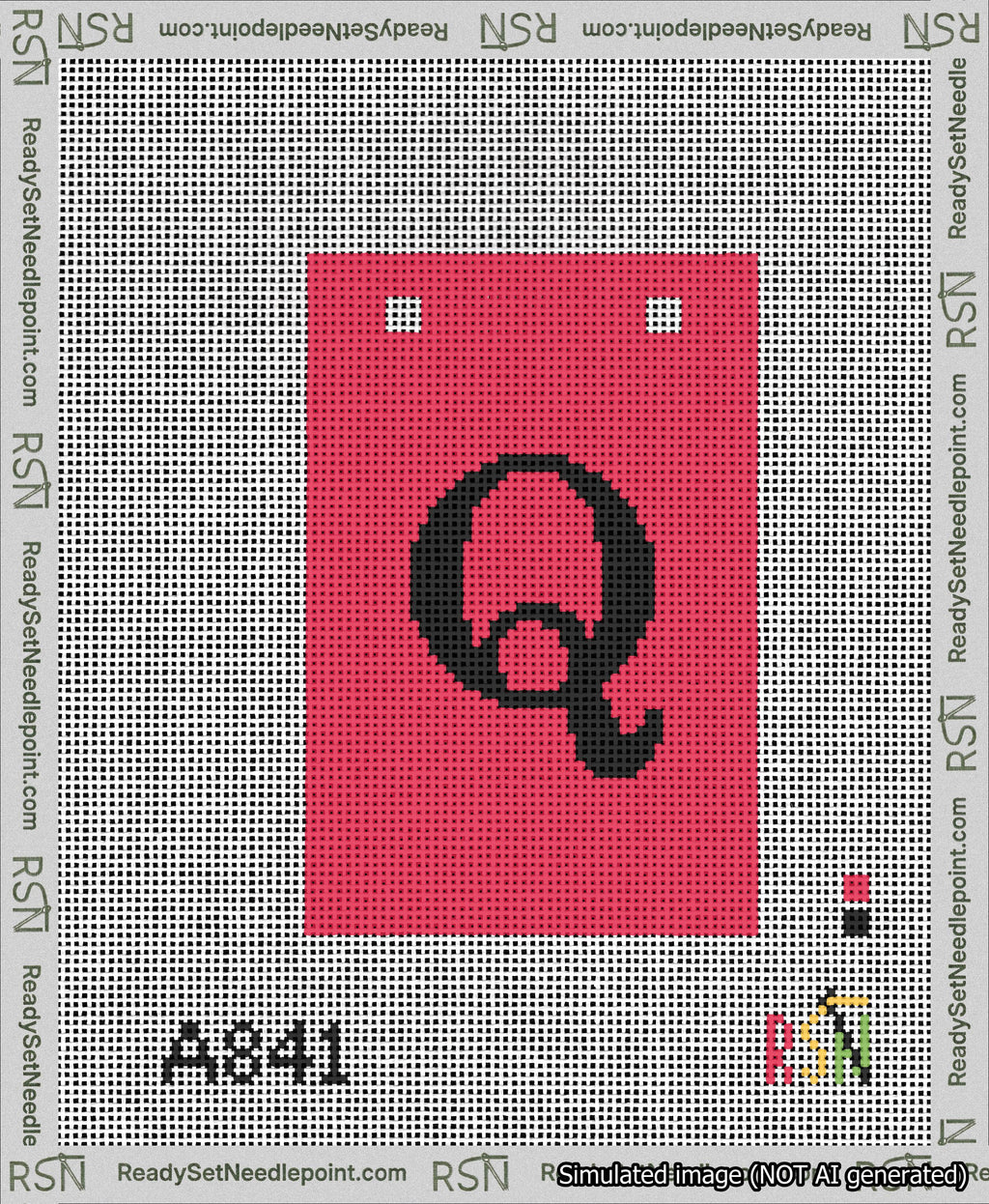 A taped needlepoint canvas with the design: Banner 13 mesh count Squared Q Black on Red.