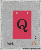 A taped needlepoint canvas with the design: Banner 13 mesh count Squared Q Black on Red.