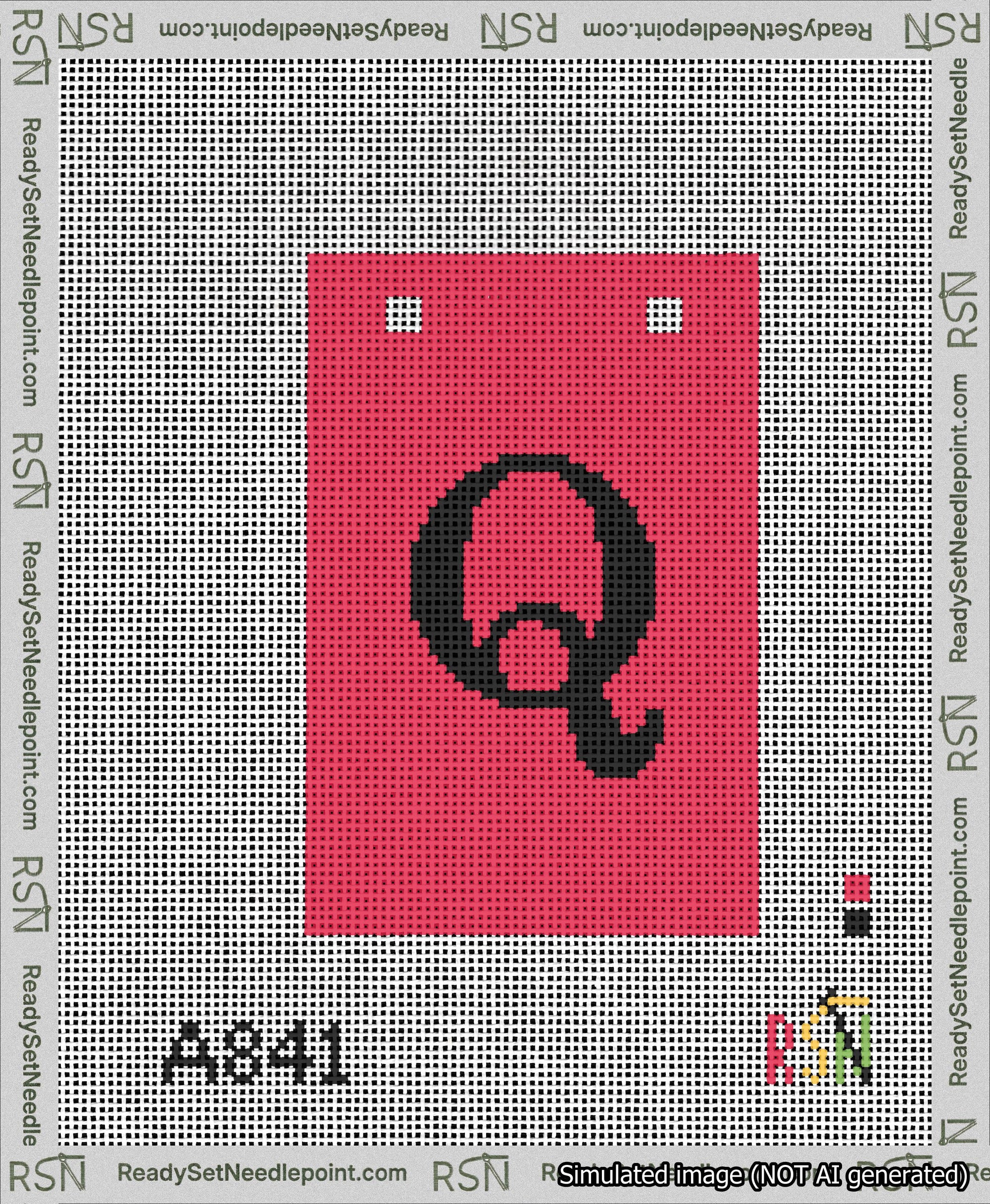 A taped needlepoint canvas with the design: Banner 13 mesh count Squared Q Black on Red.