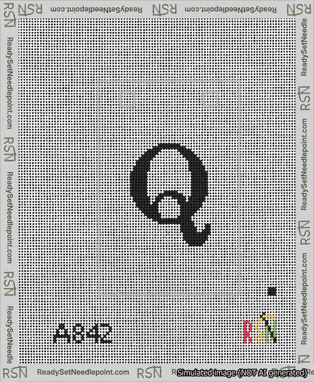A taped needlepoint canvas with the design: Banner 13 mesh count Squared Q Black on White.