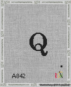 A taped needlepoint canvas with the design: Banner 13 mesh count Squared Q Black on White.