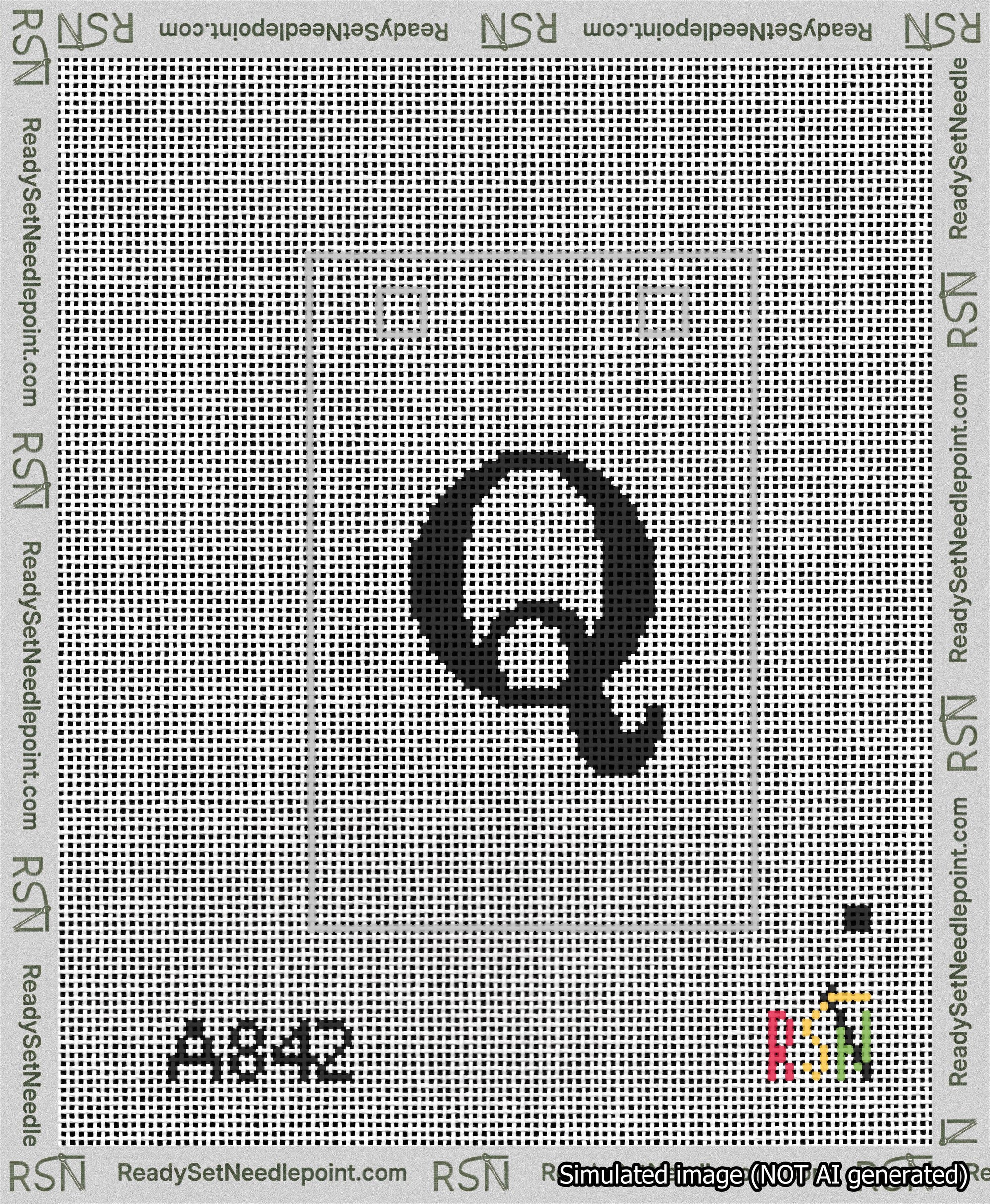 A taped needlepoint canvas with the design: Banner 13 mesh count Squared Q Black on White.