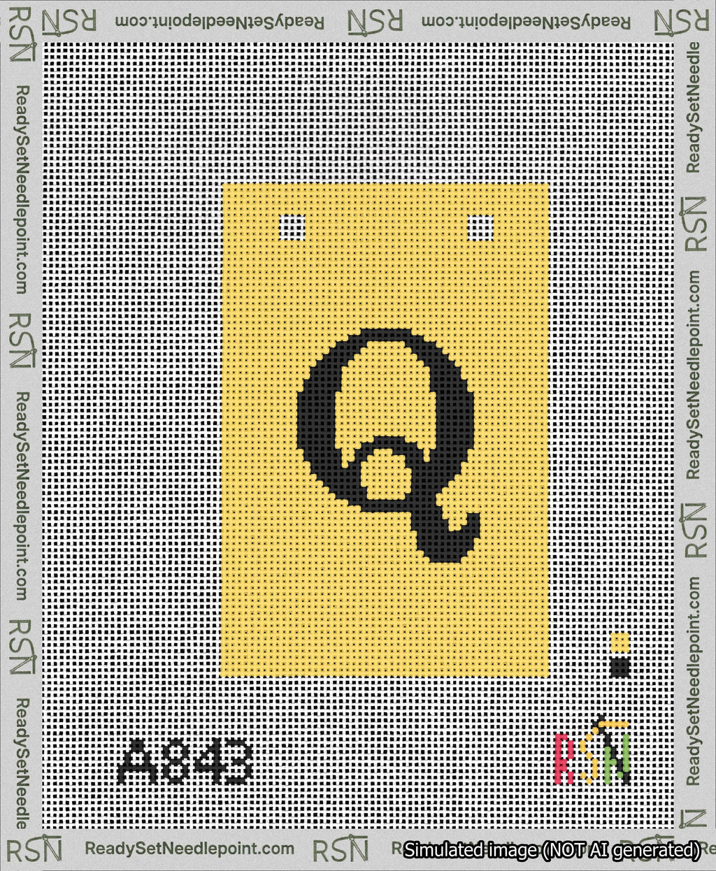 A taped needlepoint canvas with the design: Banner 13 mesh count Squared Q Black on Yellow.