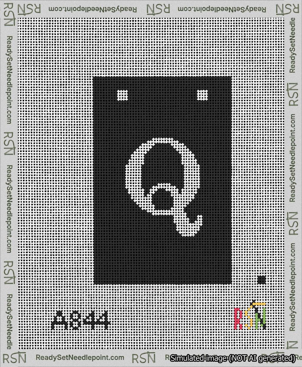 A taped needlepoint canvas with the design: Banner 13 mesh count Squared Q White on Black.