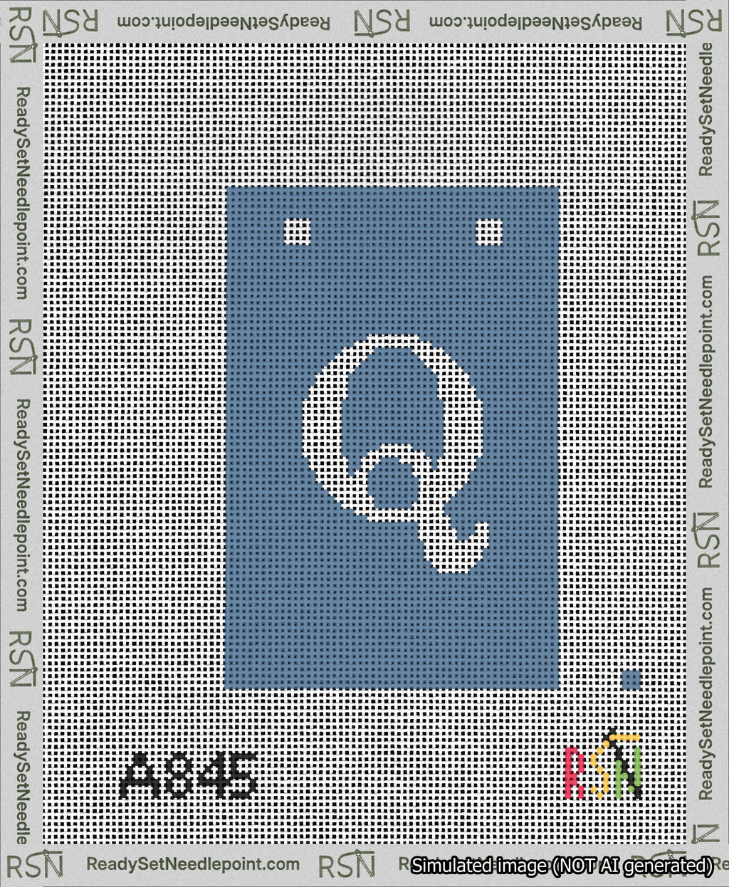 A taped needlepoint canvas with the design: Banner 13 mesh count Squared Q White on Blue.