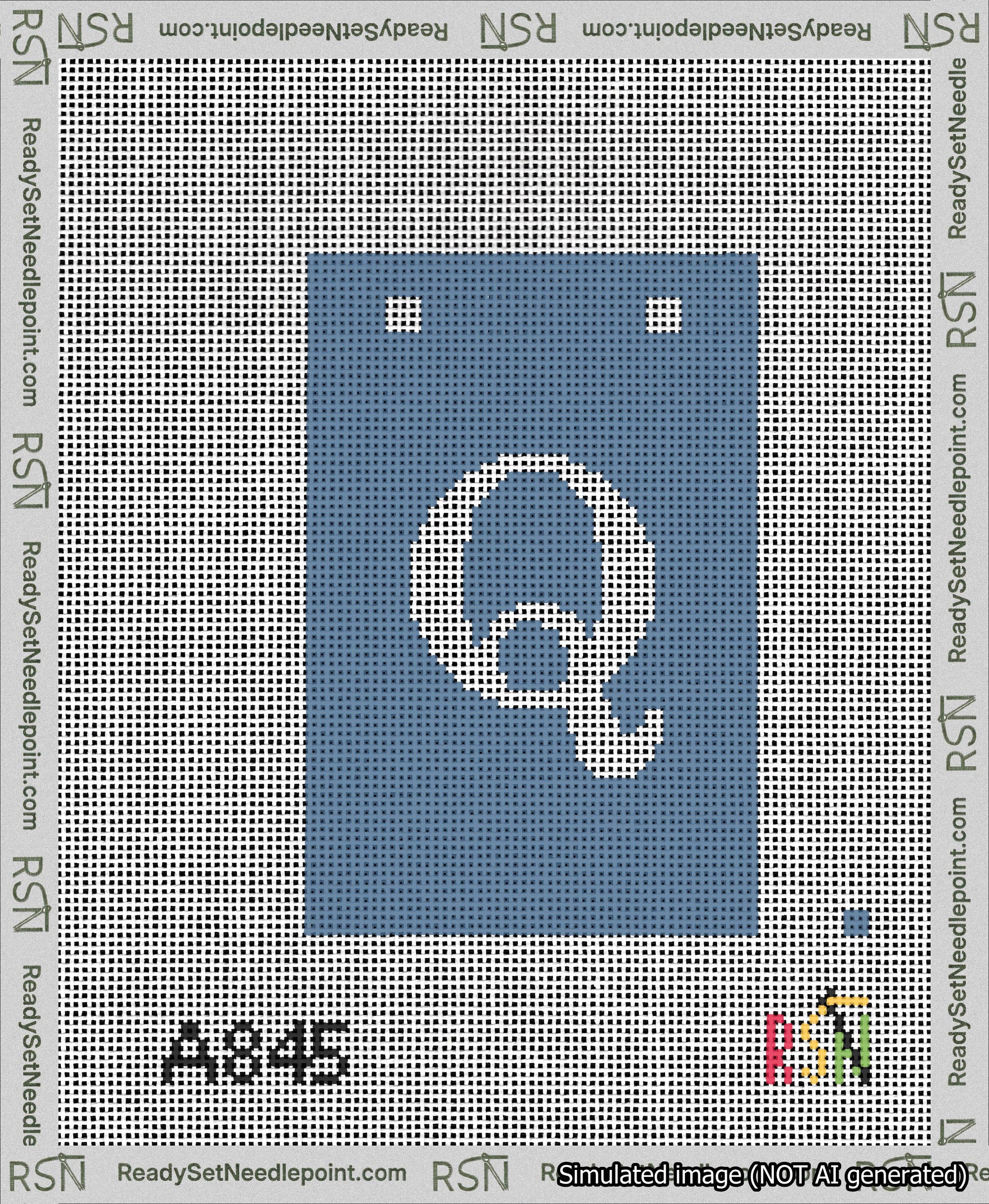 A taped needlepoint canvas with the design: Banner 13 mesh count Squared Q White on Blue.