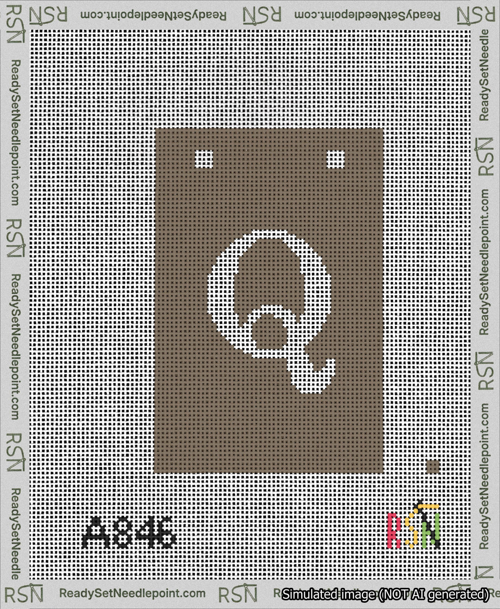 A taped needlepoint canvas with the design: Banner 13 mesh count Squared Q White on Brown.