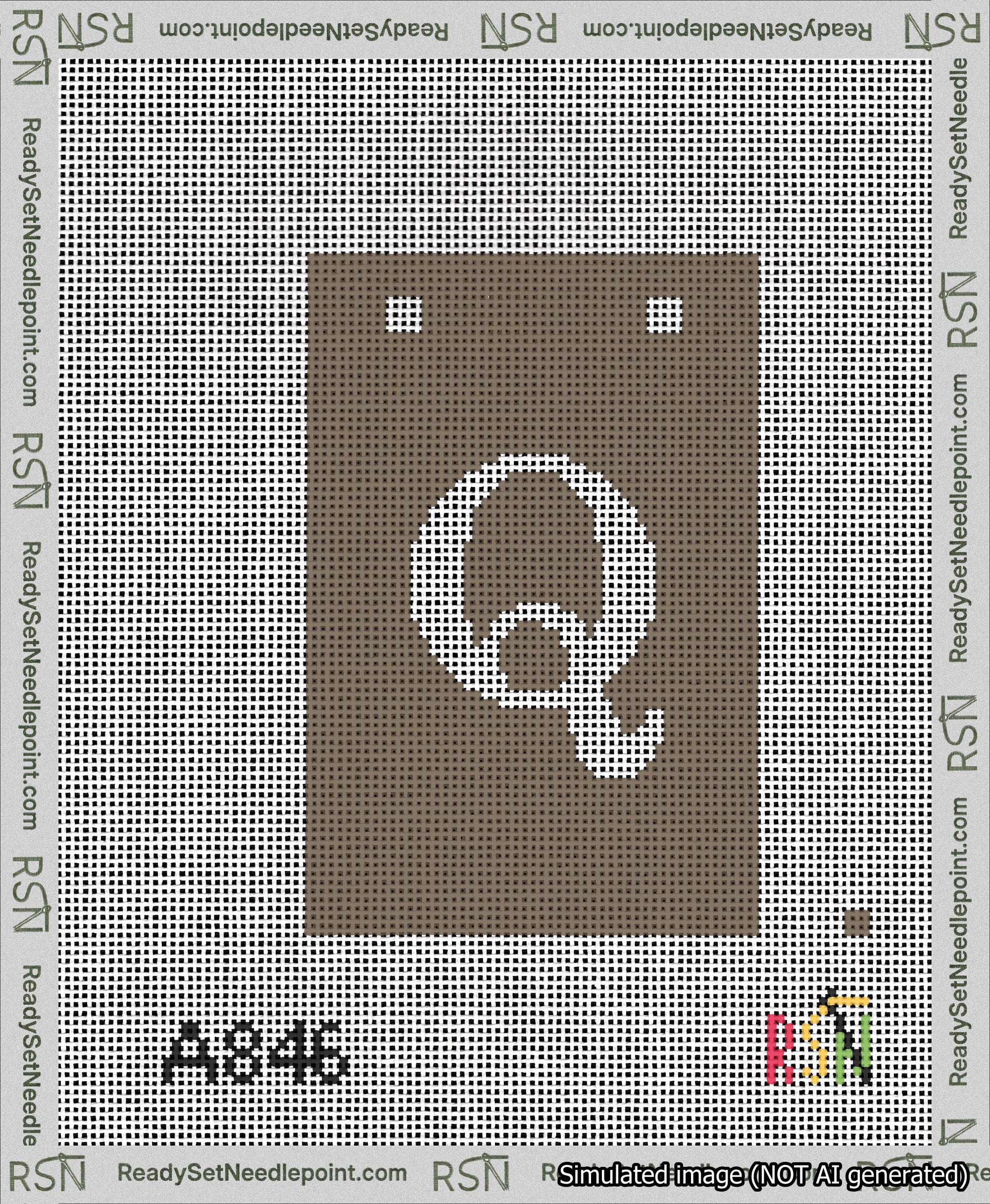 A taped needlepoint canvas with the design: Banner 13 mesh count Squared Q White on Brown.