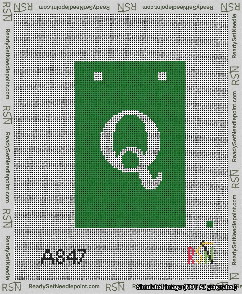 A taped needlepoint canvas with the design: Banner 13 mesh count Squared Q White on Green.
