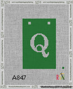 A taped needlepoint canvas with the design: Banner 13 mesh count Squared Q White on Green.