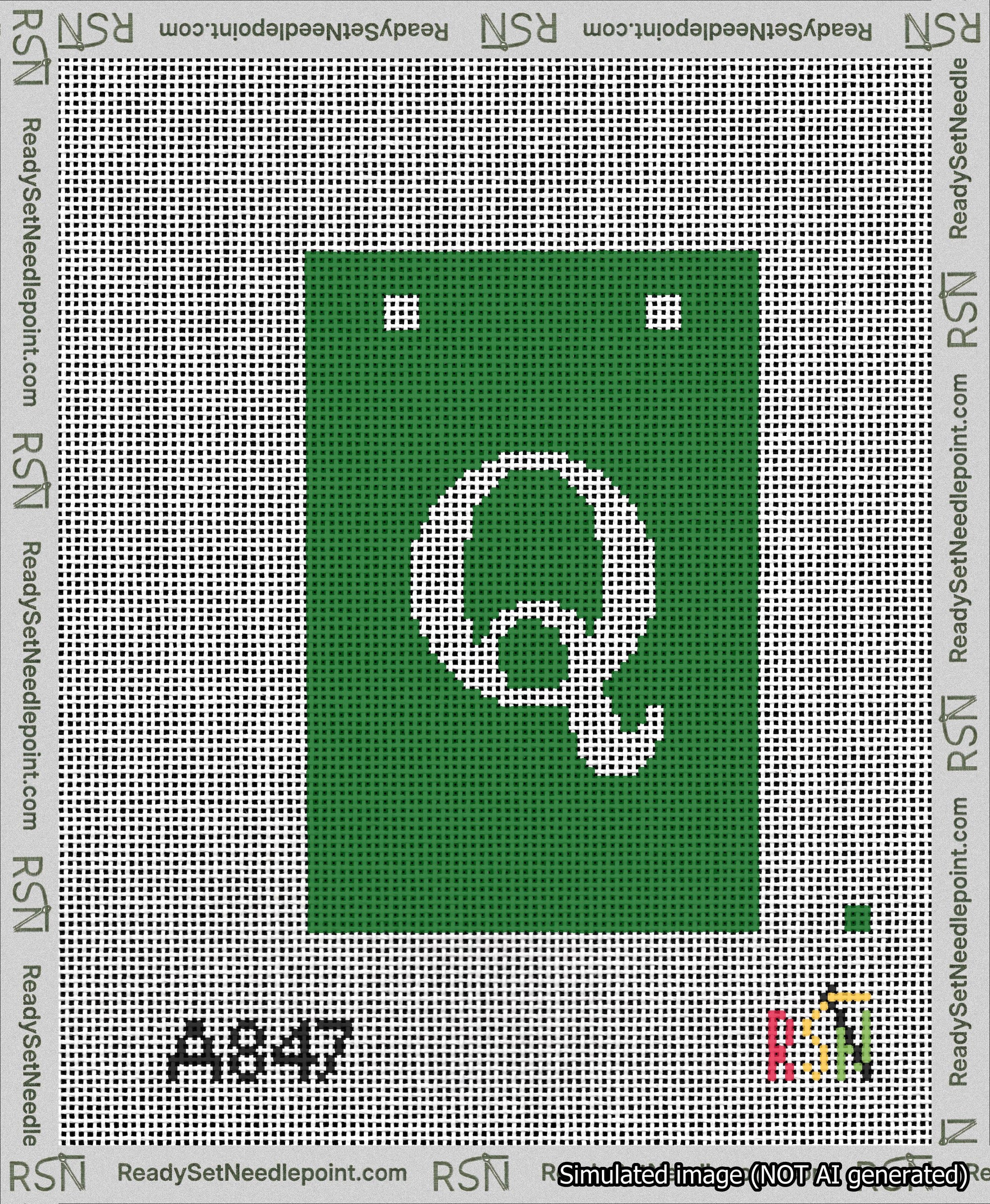 A taped needlepoint canvas with the design: Banner 13 mesh count Squared Q White on Green.