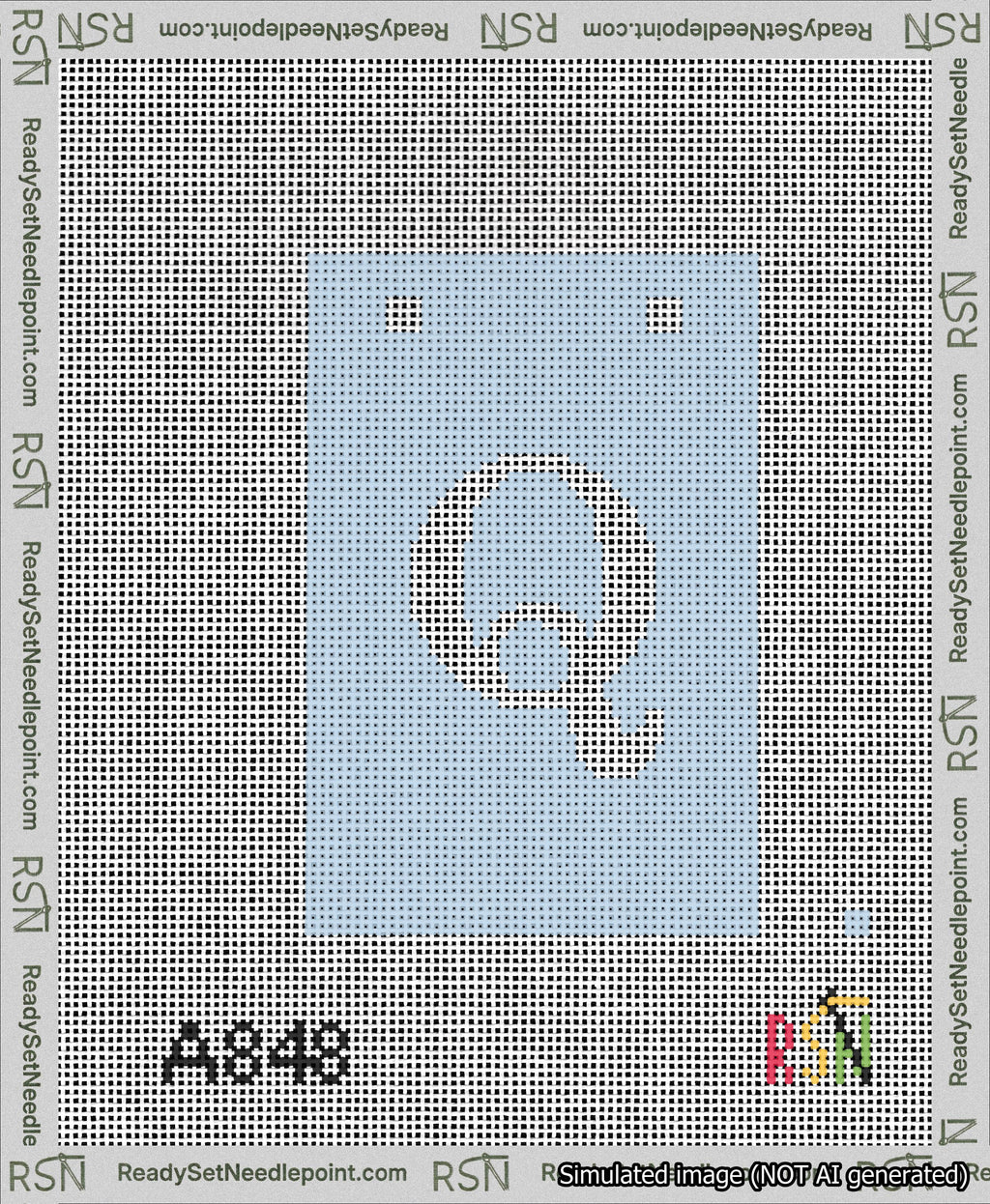 A taped needlepoint canvas with the design: Banner 13 mesh count Squared Q White on Light Blue.