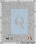 A taped needlepoint canvas with the design: Banner 13 mesh count Squared Q White on Light Blue.