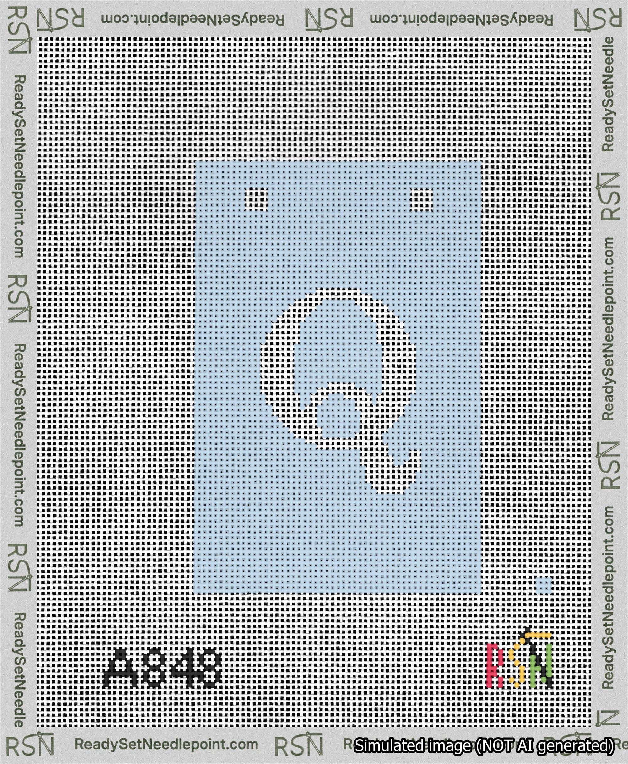 A taped needlepoint canvas with the design: Banner 13 mesh count Squared Q White on Light Blue.
