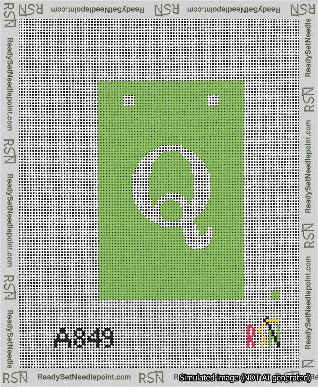 A taped needlepoint canvas with the design: Banner 13 mesh count Squared Q White on Light Green.
