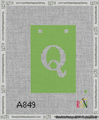 A taped needlepoint canvas with the design: Banner 13 mesh count Squared Q White on Light Green.