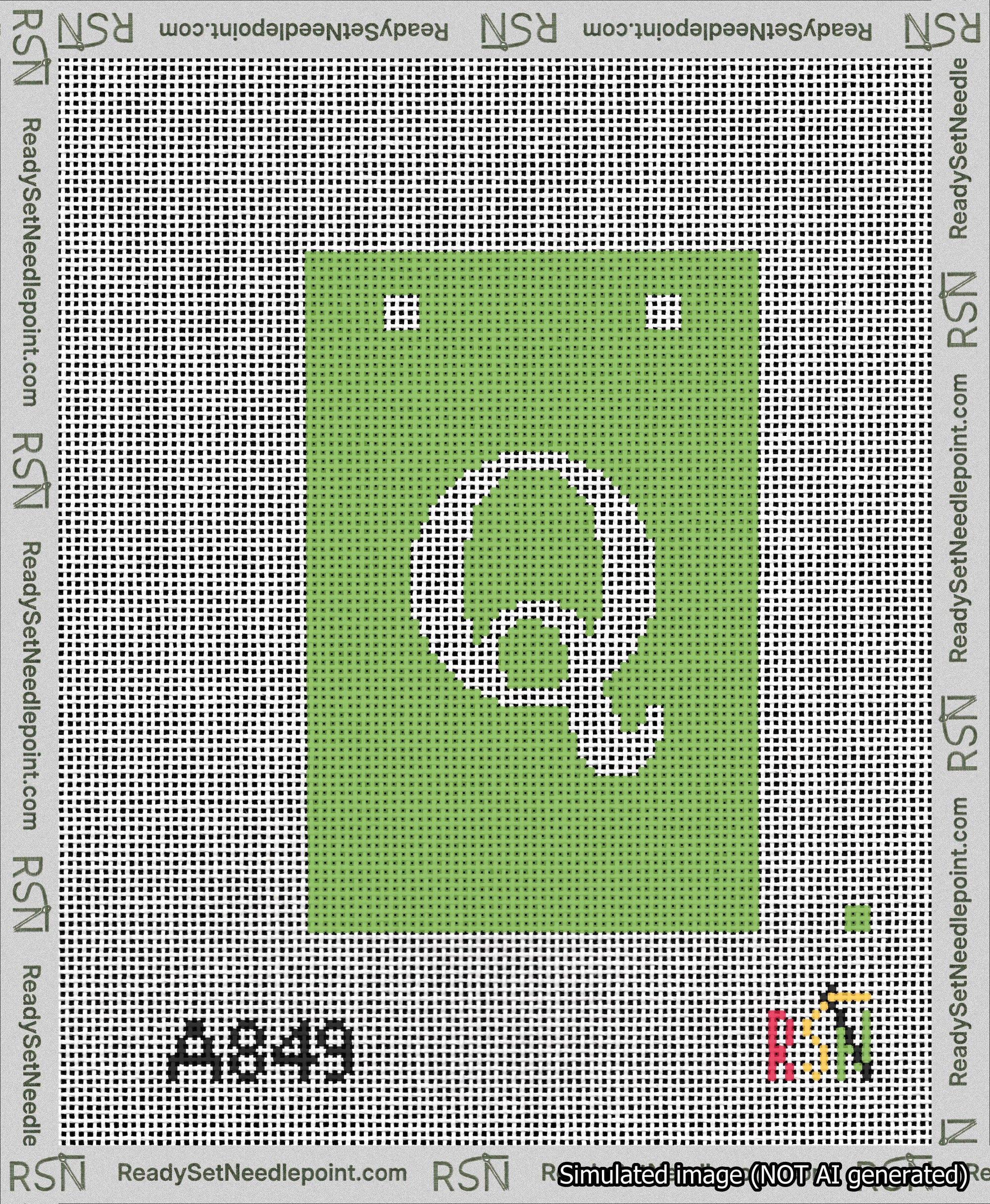 A taped needlepoint canvas with the design: Banner 13 mesh count Squared Q White on Light Green.