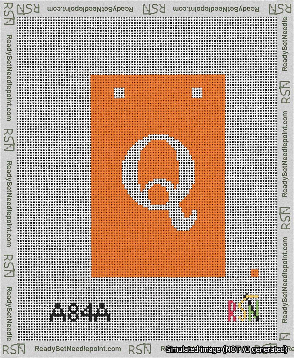 A taped needlepoint canvas with the design: Banner 13 mesh count Squared Q White on Orange.