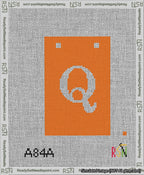 A taped needlepoint canvas with the design: Banner 13 mesh count Squared Q White on Orange.