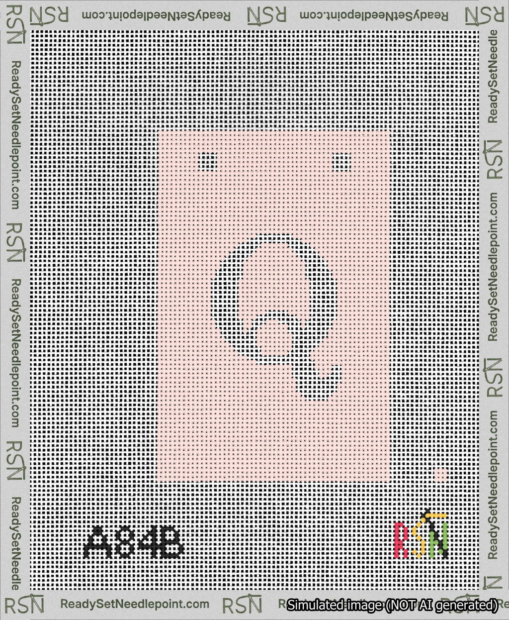 A taped needlepoint canvas with the design: Banner 13 mesh count Squared Q White on Pink.