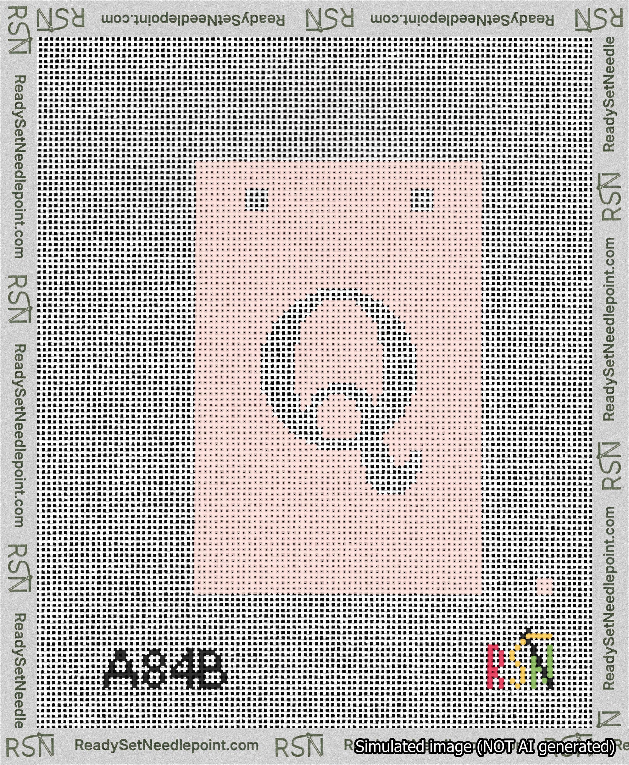 A taped needlepoint canvas with the design: Banner 13 mesh count Squared Q White on Pink.