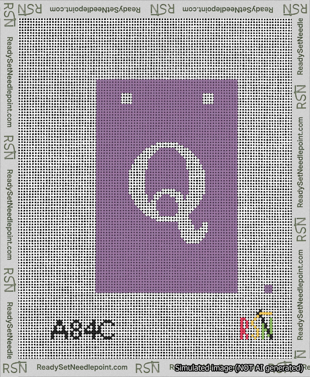A taped needlepoint canvas with the design: Banner 13 mesh count Squared Q White on Purple.