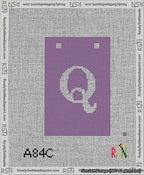 A taped needlepoint canvas with the design: Banner 13 mesh count Squared Q White on Purple.