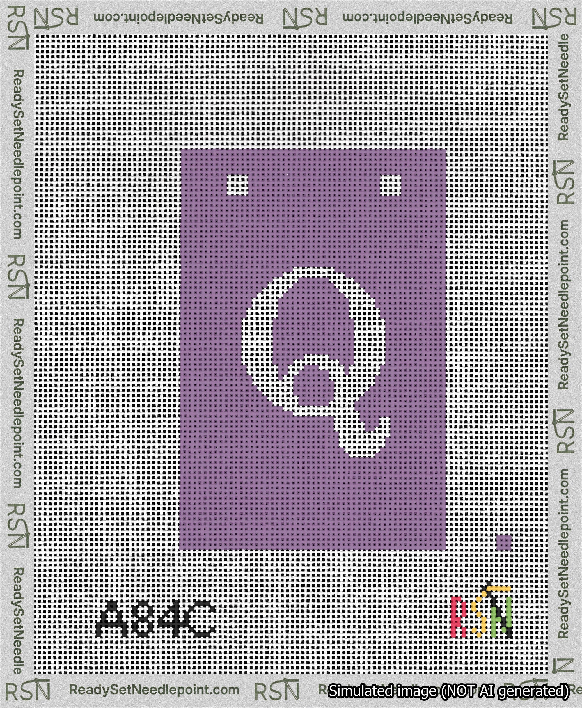 A taped needlepoint canvas with the design: Banner 13 mesh count Squared Q White on Purple.