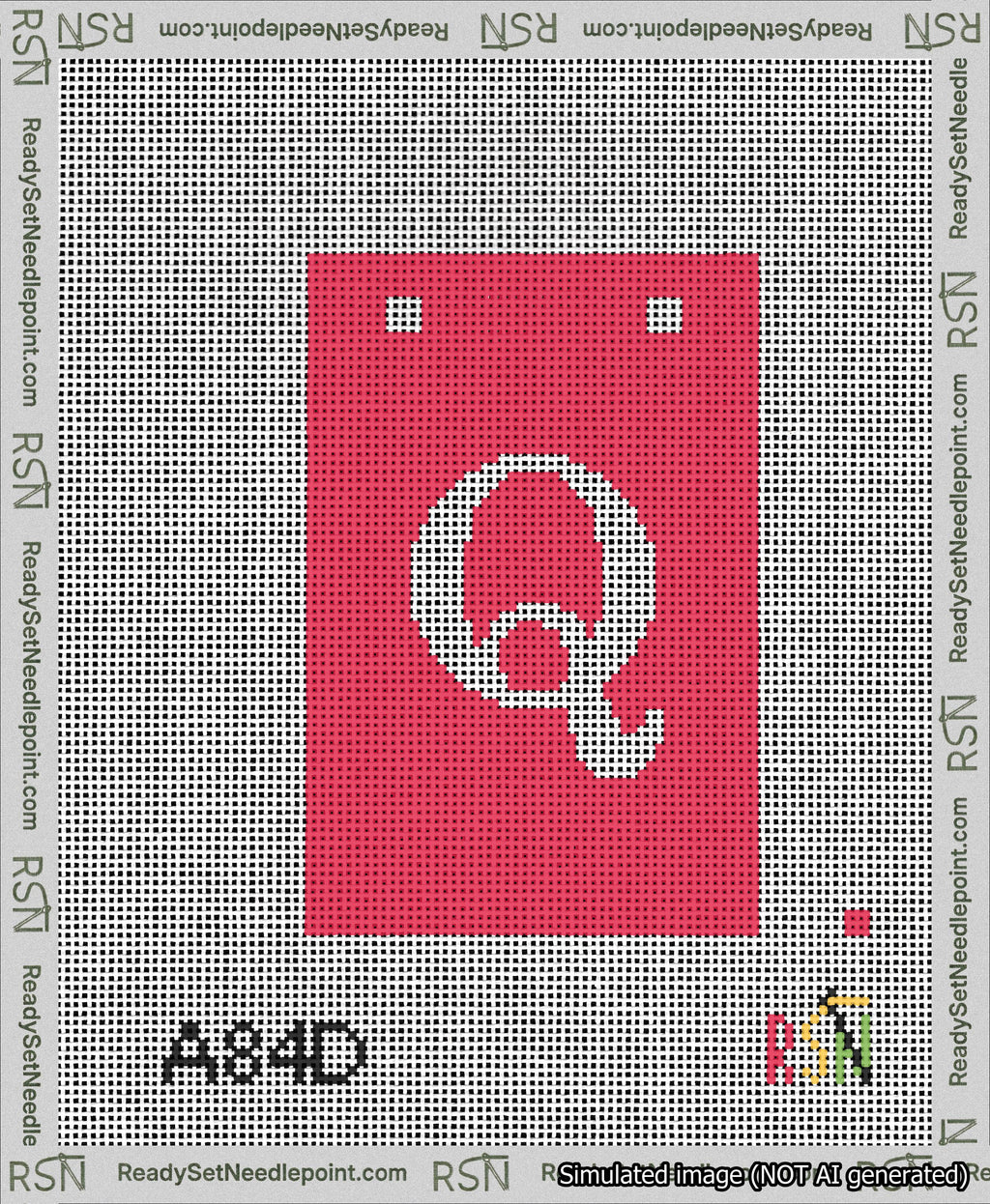 A taped needlepoint canvas with the design: Banner 13 mesh count Squared Q White on Red.