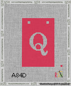A taped needlepoint canvas with the design: Banner 13 mesh count Squared Q White on Red.
