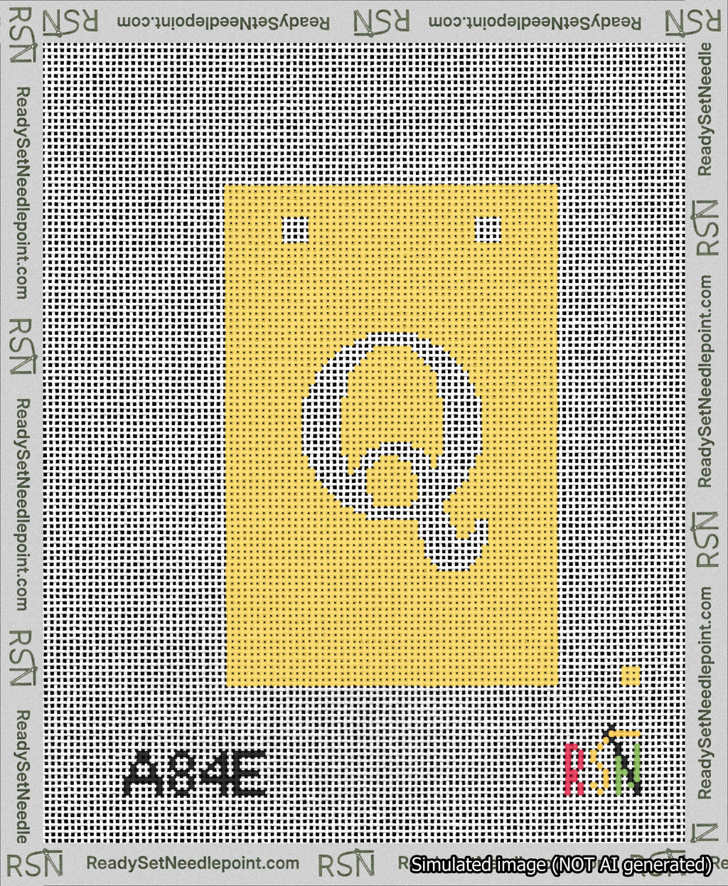 A taped needlepoint canvas with the design: Banner 13 mesh count Squared Q White on Yellow.