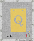 A taped needlepoint canvas with the design: Banner 13 mesh count Squared Q White on Yellow.