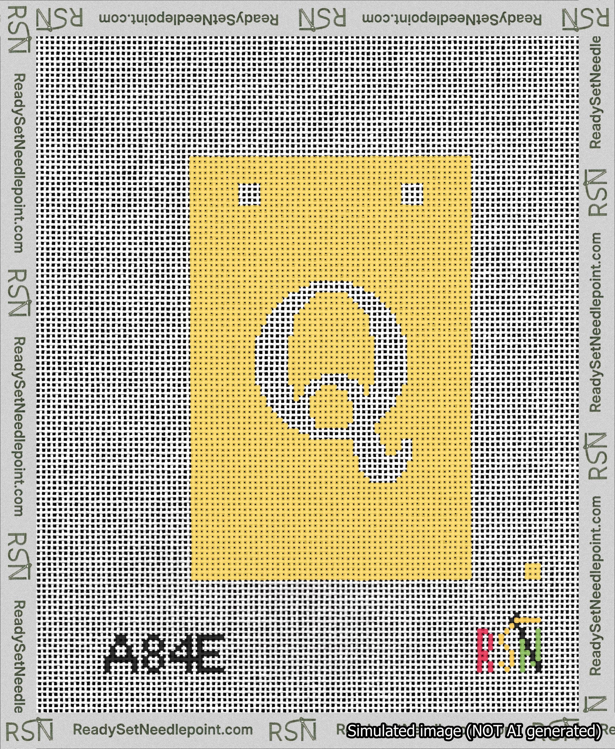 A taped needlepoint canvas with the design: Banner 13 mesh count Squared Q White on Yellow.